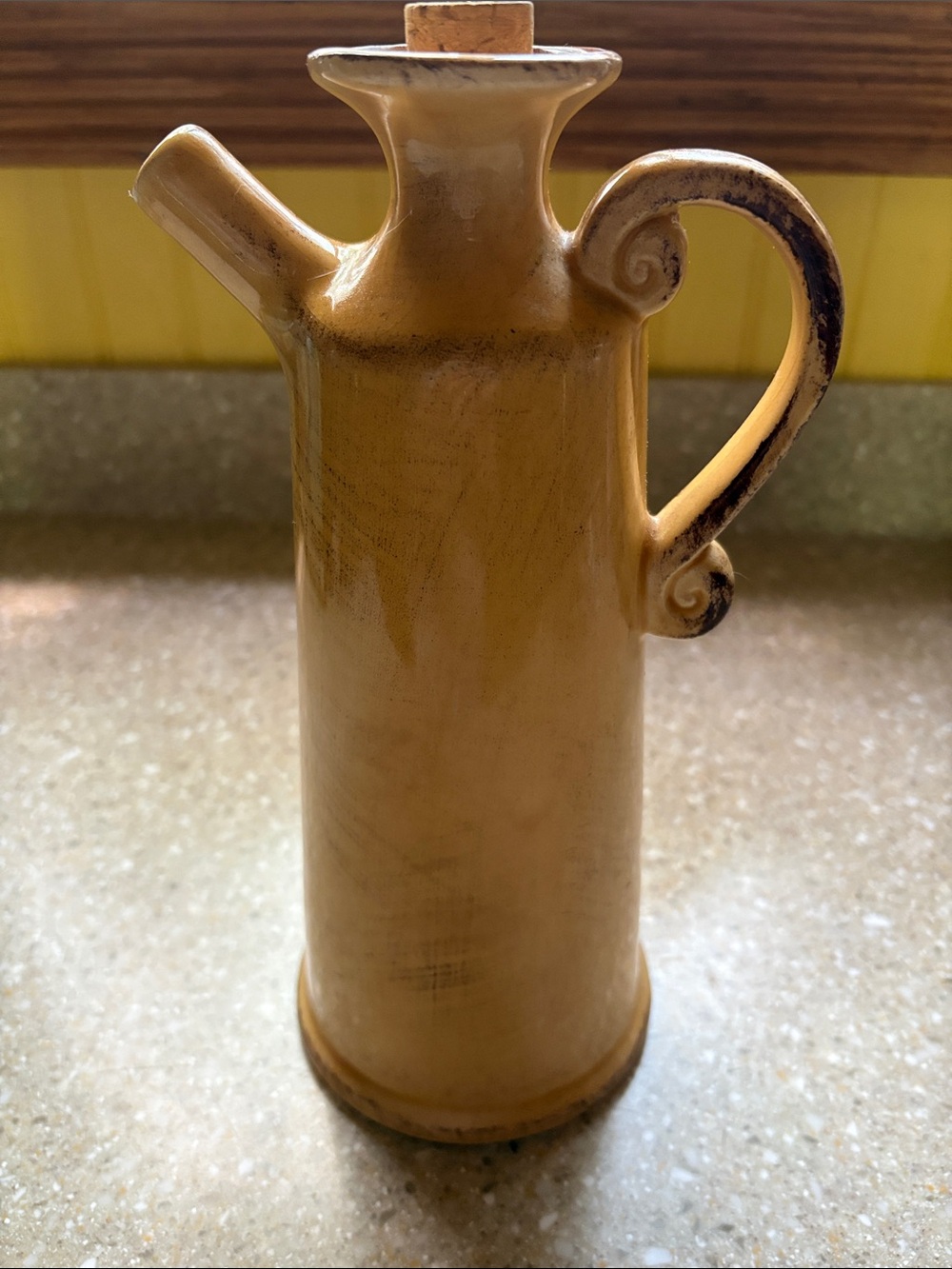 Pier 1 Imports Yellow Distressed Hand Painted Earthenware Olive Oil Cruet w/Cork